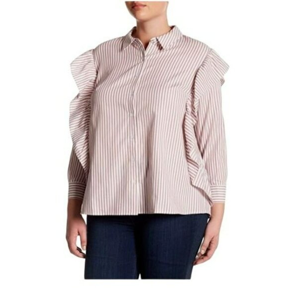 DR2 Daniel Rainn Dk Rose Pinstripe Ruffled Long Sleeve Button Up Shirt 2X NEW - Picture 8 of 9